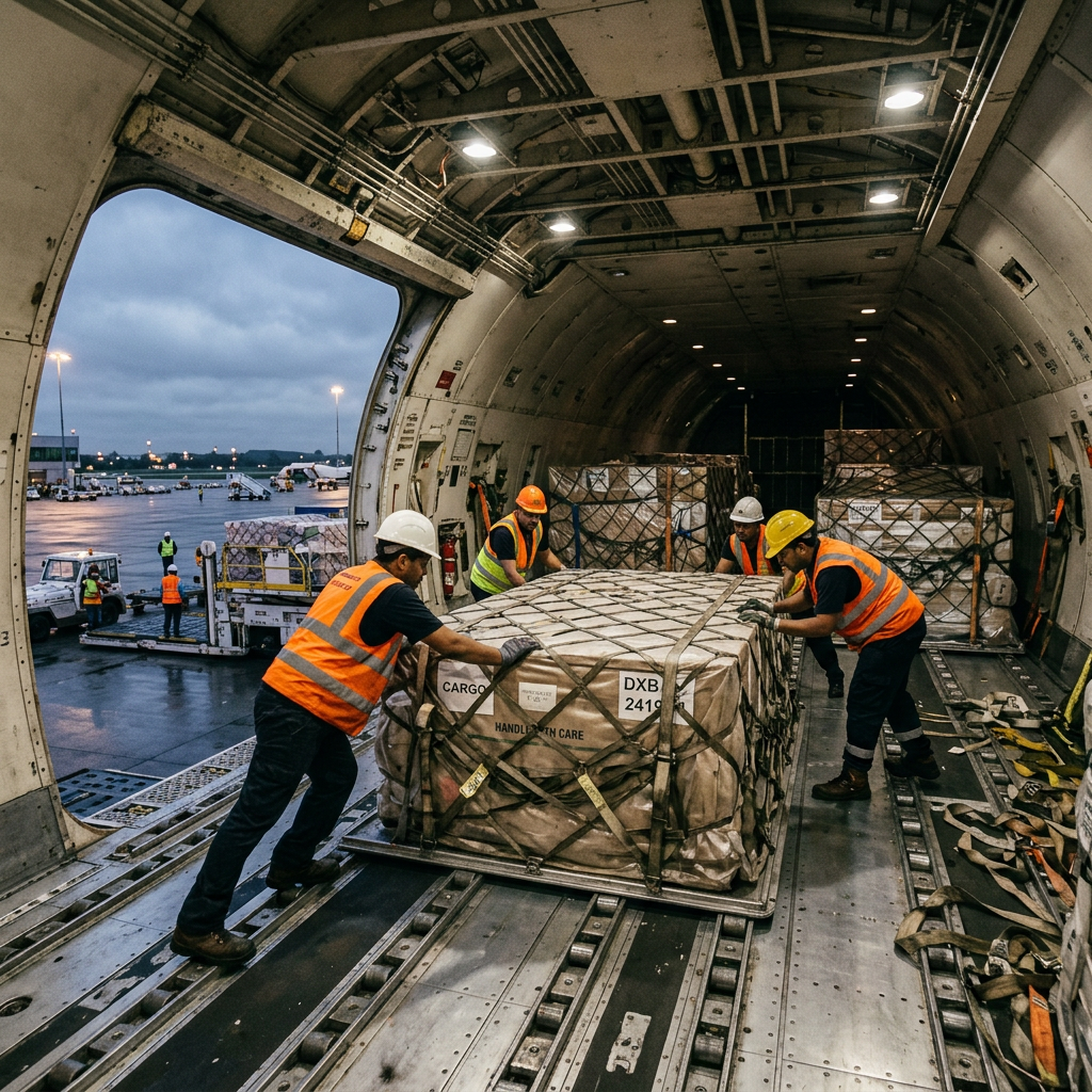Airport workers pushing cargo pallets inside an airplane for loading