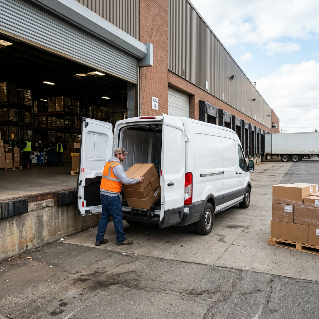 Worker loading cardboard boxes into white delivery van at warehouse loading dock