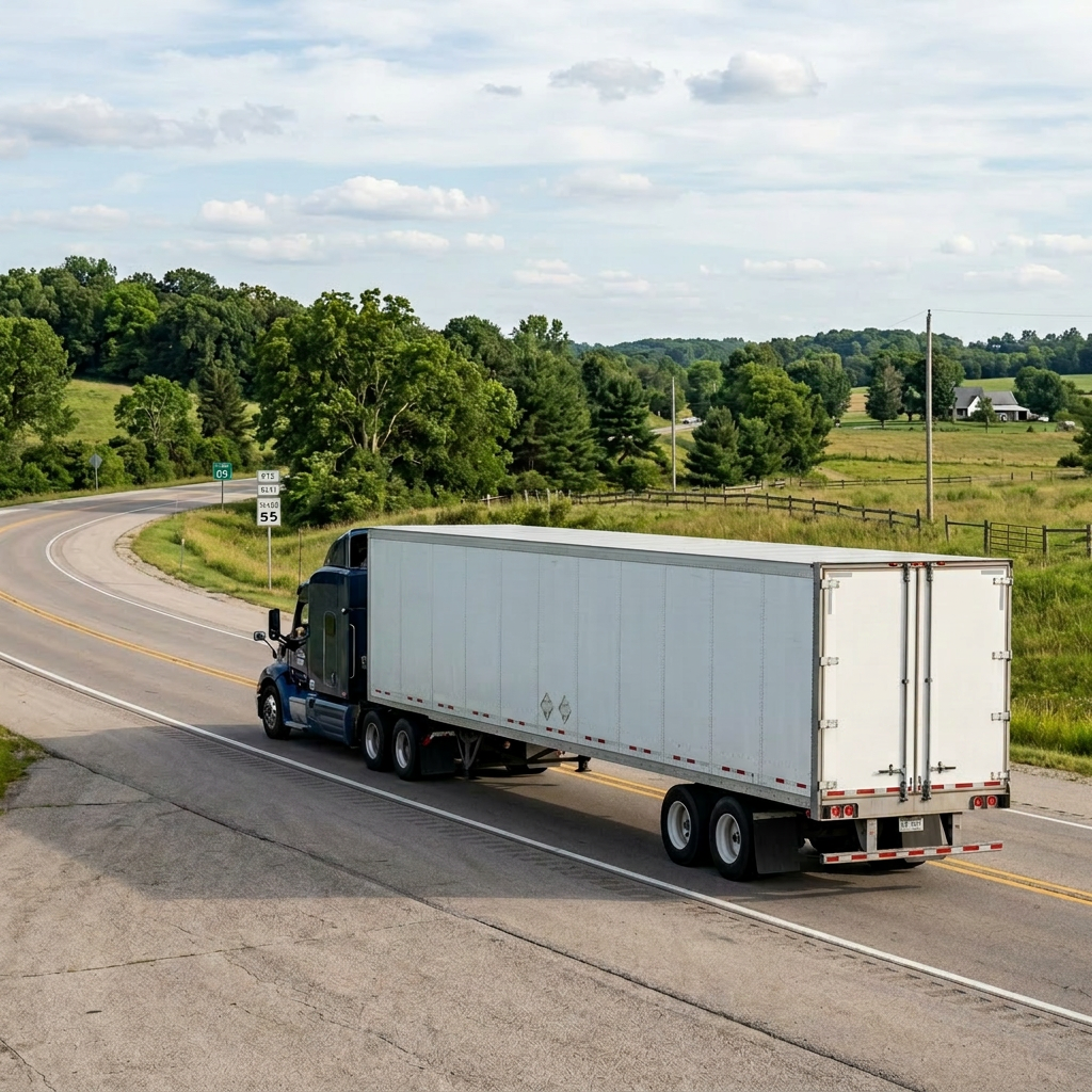 Semi-truck with Great American Logistics trailer on a rural two-lane road