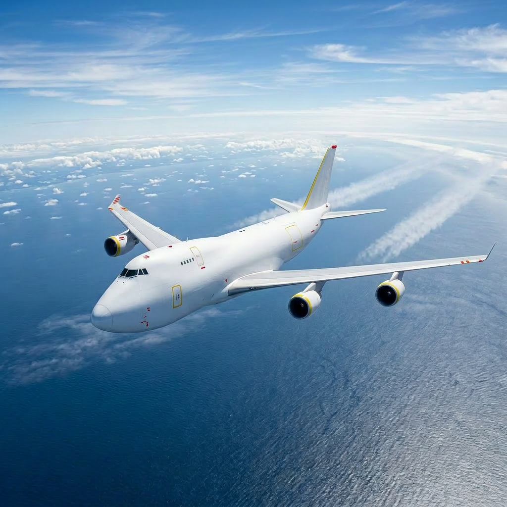 White Global Cargo International freight airplane flying above ocean with contrails