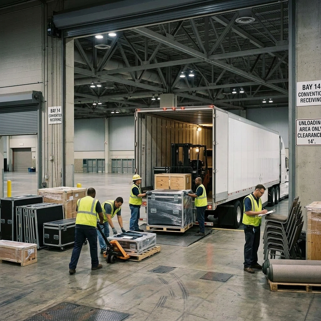 Large white semi-truck exhibited at an indoor logistics trade show with people walking and talking around it